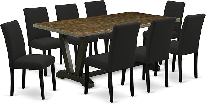 East West Furniture V677AB624-9 9 Piece Dining Set Includes a Rectangle Dining Room Table with V-Legs and 8 Black Color Linen Fabric Upholstered Parson Chairs, 40x72 Inch, Multi-Color