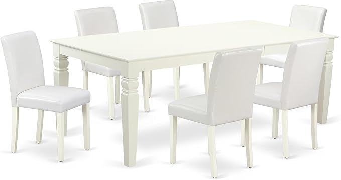 East West Furniture LGAB7-LWH-64 7 Piece Modern Dining Table Set Consist of a Rectangle Wooden Table with Butterfly Leaf and 6 White Faux Leather Upholstered Chairs, 42x84 Inch, Linen White