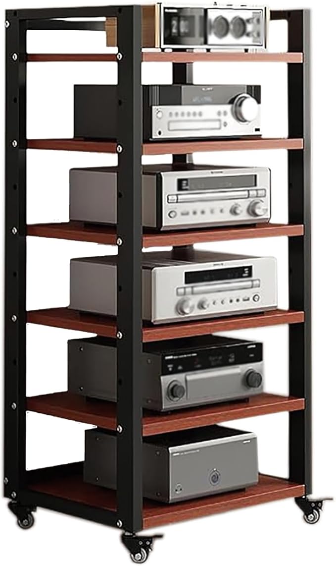 6 Tier Audio Rack Tower, CD Record Player Stereo Receiver AV Equipment Cabinet Display Rack, Weight capacity 661 lbs, with Adjustable Wooden Shelves for Home (TEAKWOOD, 6 TIER 47×19.7×15.7IN)