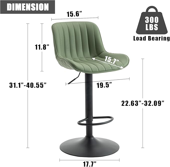 YOUNIKE Bar Stools Set of 2 Counter Height Barstools with Backs Swivel Faux Leather Kitchen Island Bar Chair Modern Adjustable Breakfast taburetes de bar Padded sillas para barra de cocina Olive Green