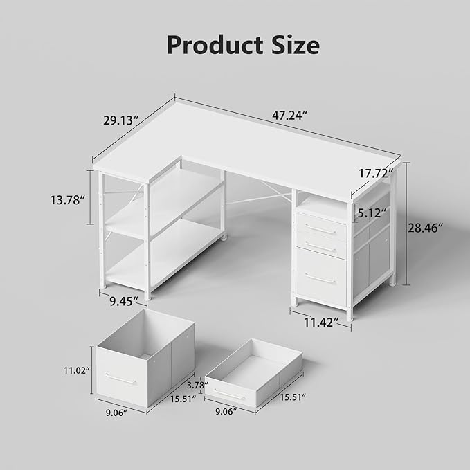 47" Computer Desk with Drawers, Desks for Bedrooms, Writing Desk with Storage, Work Desk for Small Space, White