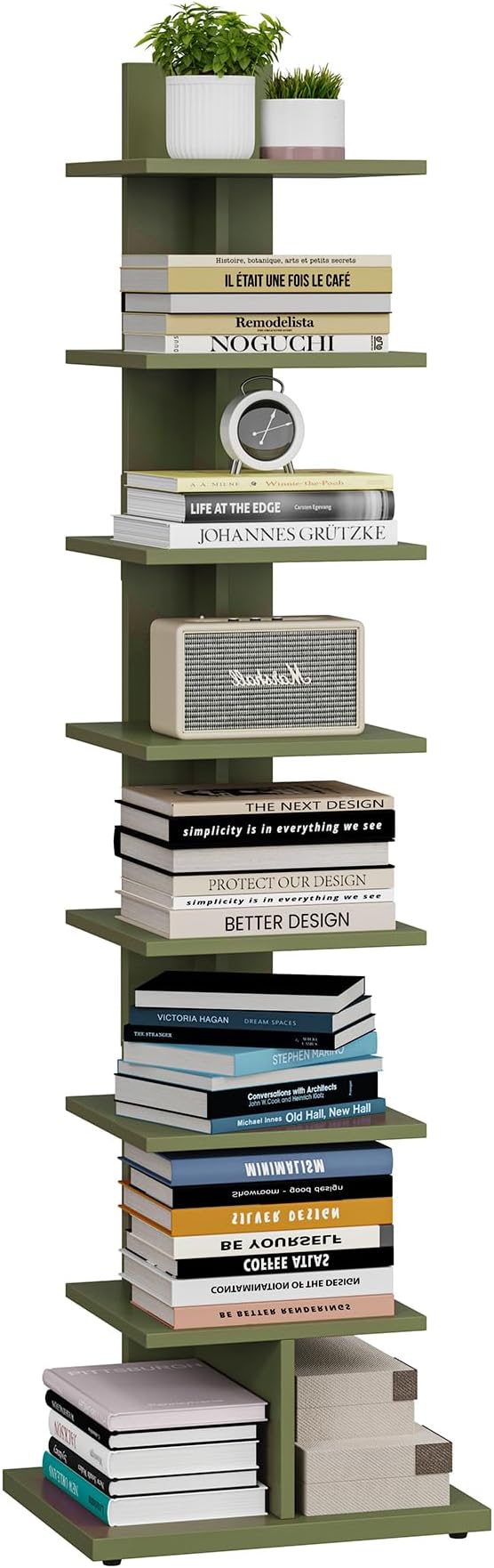 TUTOTAK Bookshelf, 8-Tier Bookcase, Narrow Spine Book Shelf for Small Space, Corner Standing Shelf for Living Room, Office, Study, Entryway, Olive Green BS06BOG008