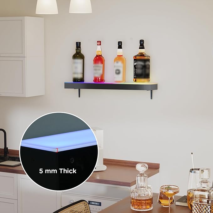 Dethan 1 Tier 24 Inch LED Lighted Liquor Bottle Display Shelf - Wine Racks with Multi-Color App & Wireless Remote Control, Adjustable Brightness & Sound Modes, Acrylic Bar Shelves for Home Bar Display