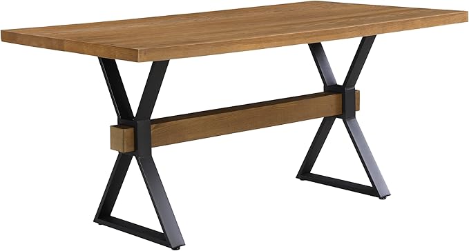 Christopher Knight Home Keyats 63 Inch Dining Table for 6 People, Modern Farmhouse Kitchen Table with X-Shaped Metal Legs, Rectangular Dinner Furniture for Dining Room, Home Office, Brown