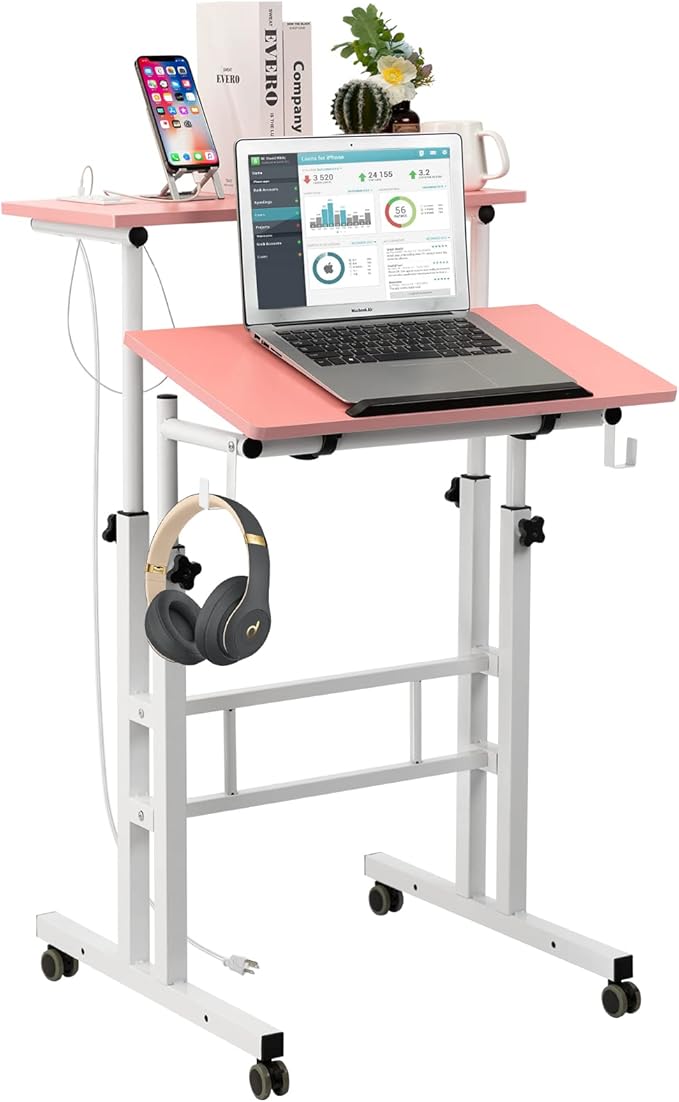 Hadulcet Mobile Standing Desk with Charging Station, Adjustable Standing Computer Desk, Standing Adjustable Laptop Cart with Wheels for Home Office Classroom, Pink