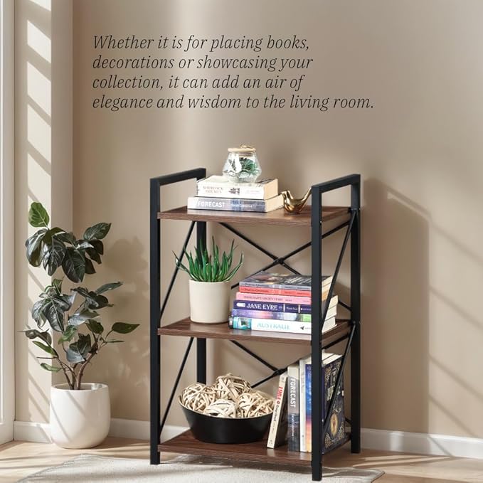 3 Tiers Bookshelf, Home Office Bookcase Shelf Storage Organizer for Bedroom, Living Room and Home Office, Walnut Brown(Small)