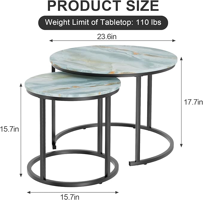 Garden 4 you Nesting Coffee Table, 23.6" Round Coffee Table Set of 2, Wooden Nesting Table Set for with Metal Frame, Side Tables for Living Room Bedroom Balcony, Blue