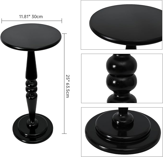 SwallowLiving Small Round Side Table, Tall Pedestal Drink End Tables Living Room, Narrow Night Stand for Small Spaces, Sofa Couch, Bedroom, Modern Wooden Beside Table Home Decor (Black, 12" x 25")