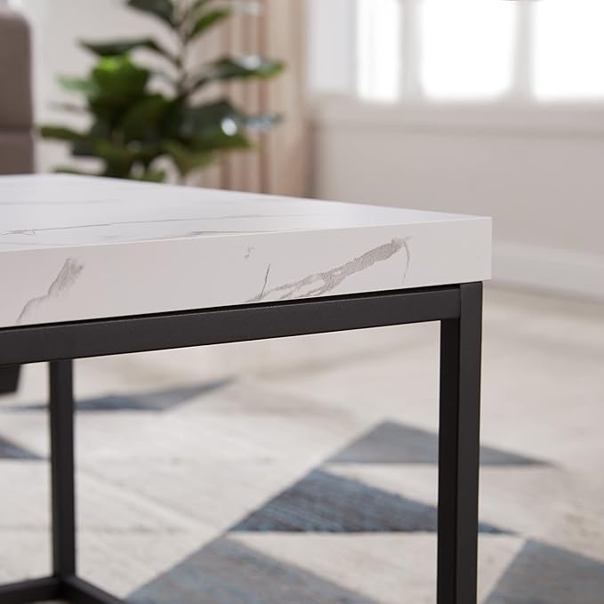 CENSI 18-Inch Marble Accent End Table/Side Table for Living Room, Modern Industrial, Square, Metal and Wood (White Marble)