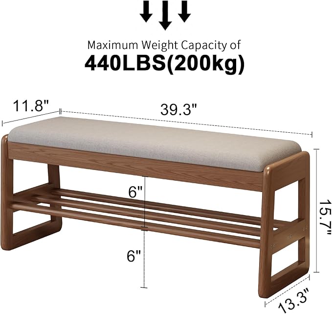 Shoe Rack Bench with Cushion, 2 Tiers Shoe Bench with Flip-Top Storage,Wood Shoe Rack for Entryway,Hallway（Walnut,39.3"）