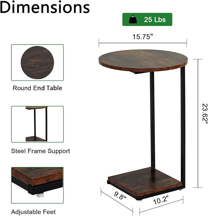 HDANI C Table End Table Set of 2,Round Side Table That Slide Under,C Shaped End Table for Couch,Small Table for Living Room,Bedroom,Rustic Brown