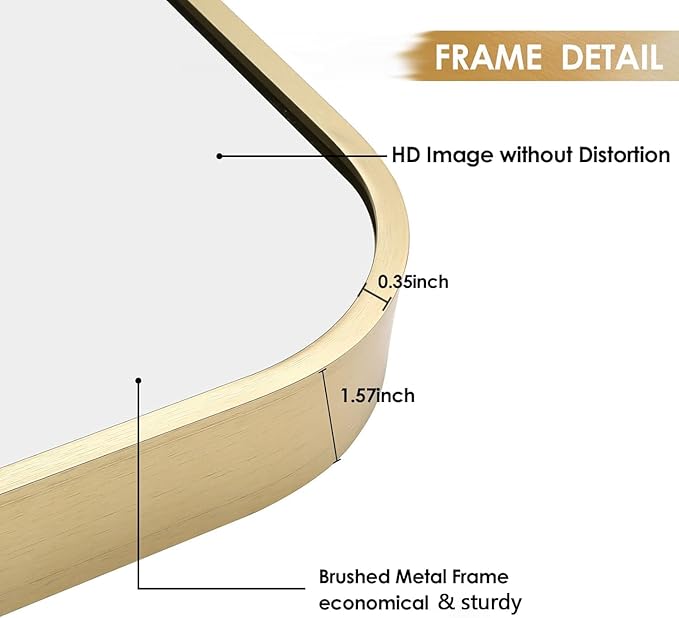 16x20 Inch Gold Bathroom Mirror, Brushed Brass Gold Metal Framed Rectangular Mirror with Rounded Corner, Bathroom Vanity Mirror for Bedroom or Living Room, Horizontal/Vertical