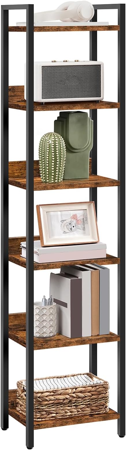 Bookshelf, 6-Tier Bookcase, Standing Book Shelf for Small Space, Storage Shelf Organizer, for Living Room, Bedroom, Study, Balcony, Rustic Brown and Black BKHR6601