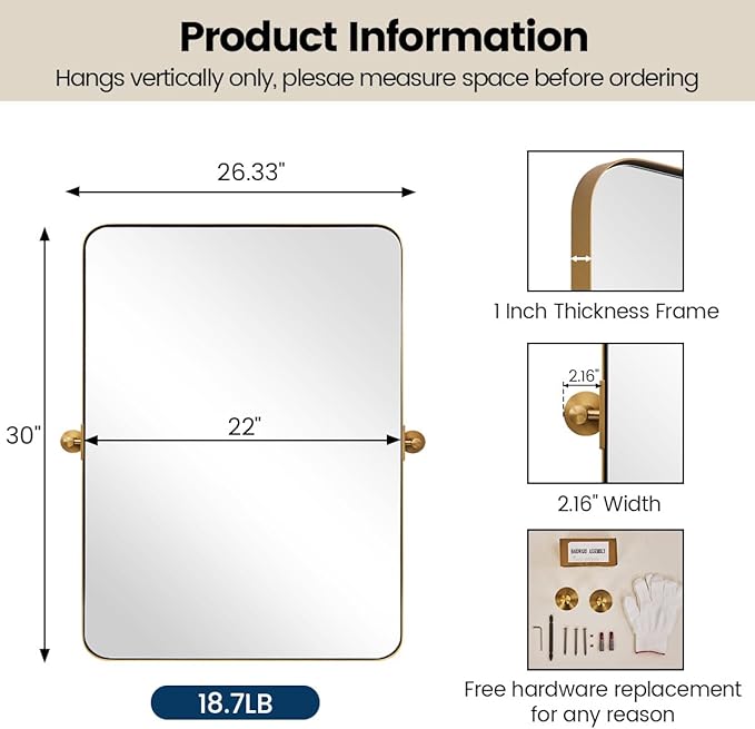 MOON MIRROR Brushed Gold Pivot Mirror,Brass Tilt Vanity Rectangle for Bathroom, Overall 26.33 x 30 in (Mirror 22x 30 in)