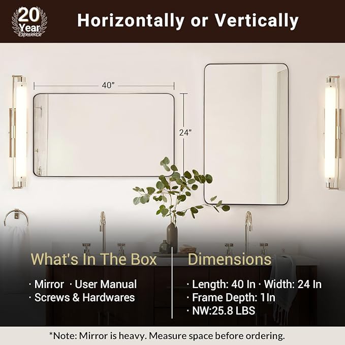 ANDY STAR Bronze Bathroom Mirror for Wall, 24X40” Bronze Wall Mirror for Vanity, Rounded Rectangle Mirror, Oil Rubbed Bronze Metal Modern Stainless Steel Frame, Hang Vertically or Horizontally