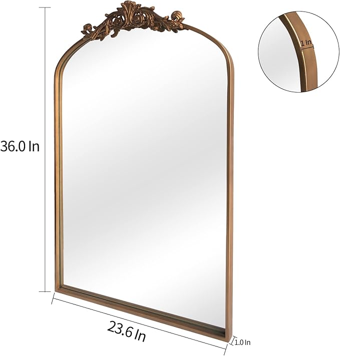 WAMIRRO Antique Mirror,Gold Traditional Vintage Ornate Baroque Arched Brass Mirrors Entryway/Fireplace/Living Room/Hallway/Bathroom 24"X36"