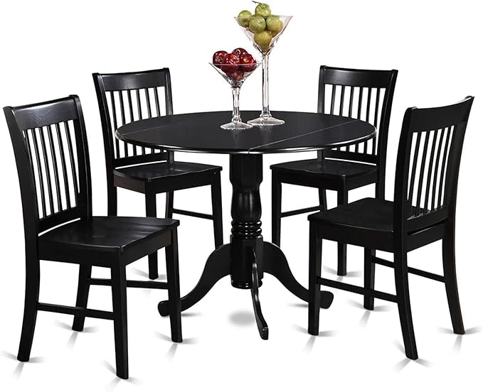 East West Furniture DLNO5-BLK-W 5 Piece Dinette Set for 4 Includes a Round Dining Room Table with Dropleaf and 4 Kitchen Dining Chairs, 42x42 Inch, Black