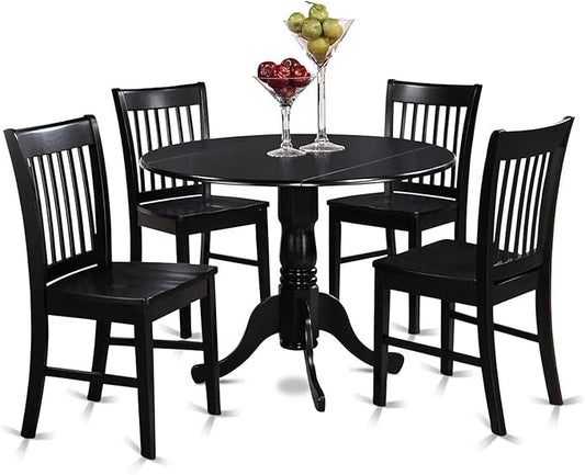 East West Furniture DLNO5-BLK-W 5 Piece Dinette Set for 4 Includes a Round Dining Room Table with Dropleaf and 4 Kitchen Dining Chairs, 42x42 Inch, Black