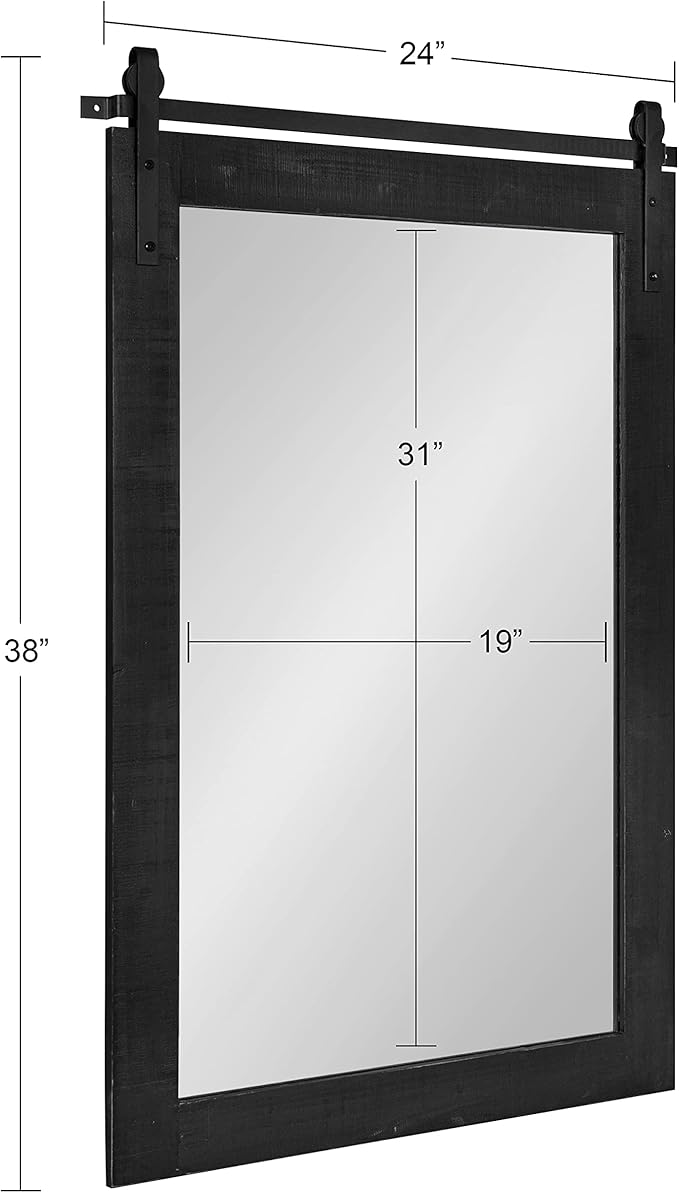Kate and Laurel Cates Rustic Wall Mirror; 24 x 38; Black; Distressed Farmhouse Wall Decor with Rolling Barn Door Design