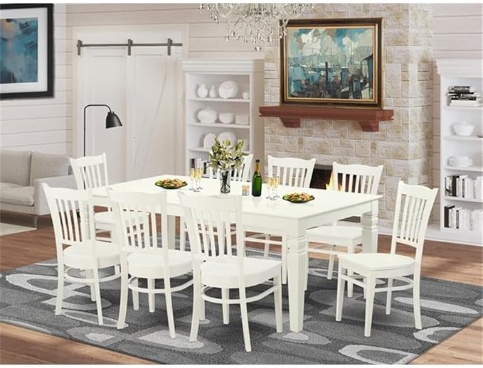 East West Furniture LGGR9-LWH-W 9 Piece Kitchen Table Set Includes a Rectangle Dining Table with Butterfly Leaf and 8 Dining Room Chairs, 42x84 Inch, Linen White