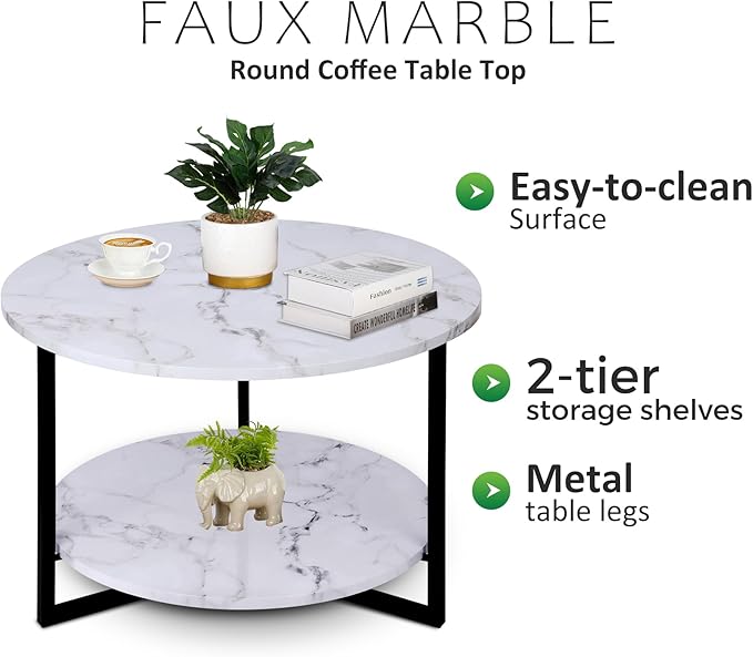 Modern Coffee Table,Faux Marble Tables,Small Round Coffee Tables with Shelf, Marble Coffee Table,Circle Center Table Low Coffee & Tea Table for Living Room Modern