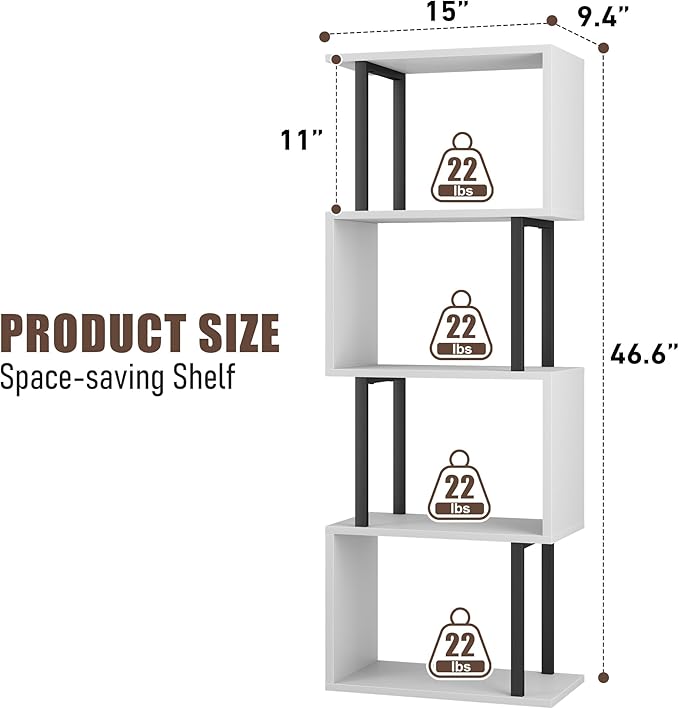 Gadroad 4-Tier Bookshelf, Narrow S-Shaped Geometric Bookcase, Wood Decorative Storage Shelving, Modern Freestanding Display Shelves, Book Shelf Unit for Living Room Bedroom Home Office, White