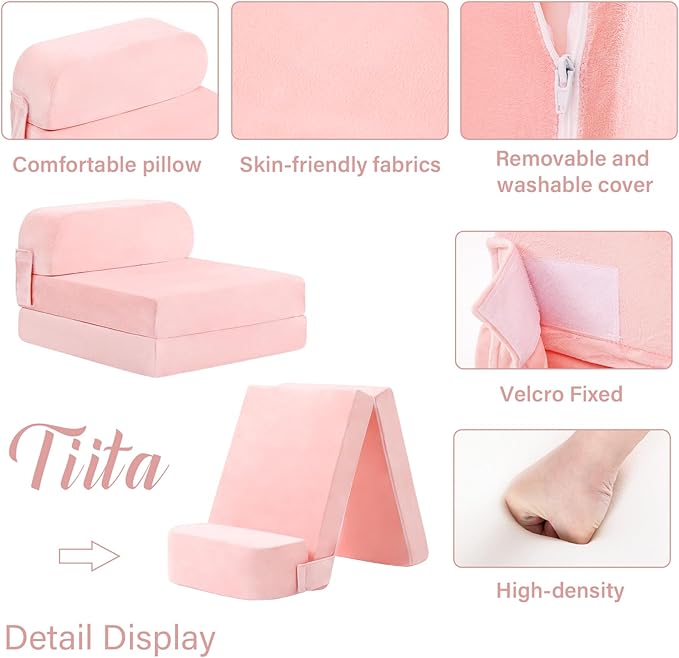 Tiita Folding Sofa Bed for Kids, Toddler Fold Out Couch with Removable Cover, Futon Sleeper Chair for Living Room, Guest Room, Pink