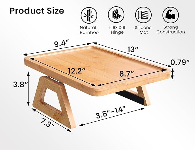 2 Pack Couch Arm Tray,Bamboo Folding Sofa Tray,Sofa Armrest Trays Clip-On Couch Desk for Drinks,Snacks,Phone,Remote Control（Natural）