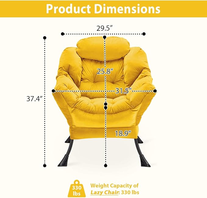 Lazy Chair Thick Padded, Comfy Velvet Accent Lounge Chair with Stable Frame, Leisure Sofa Armchair with Armrests and Side Pocket, Reading Chair for Bedroom, Living Room, Office, Yellow