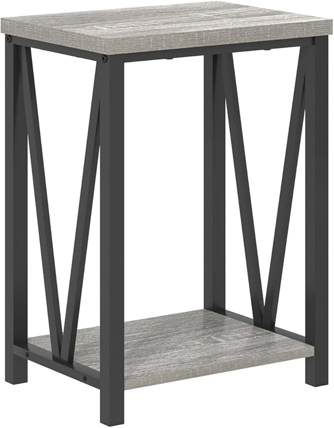 FOLUBAN End Table, Rustic Wood and Metal Side Table with Storage, Modern NightStand for Living Room Bedroom, Small Spaces, Light Grey