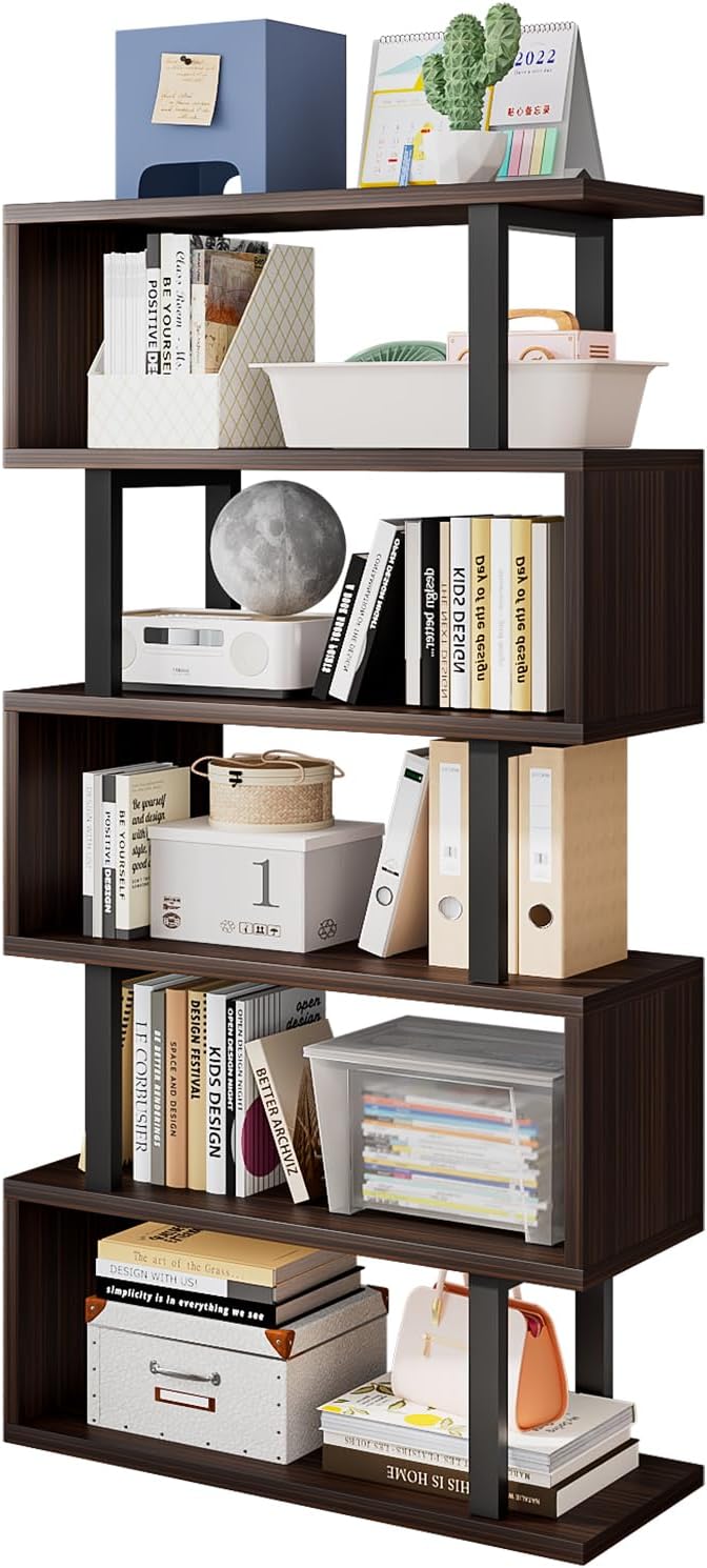 SORCEDAS Bookshelf Geometric Bookcase S Shaped Industrial Bookshelf Storage Display Stand Shelf for Living Room Bedroom and Office Room (Black, 5 Tier)
