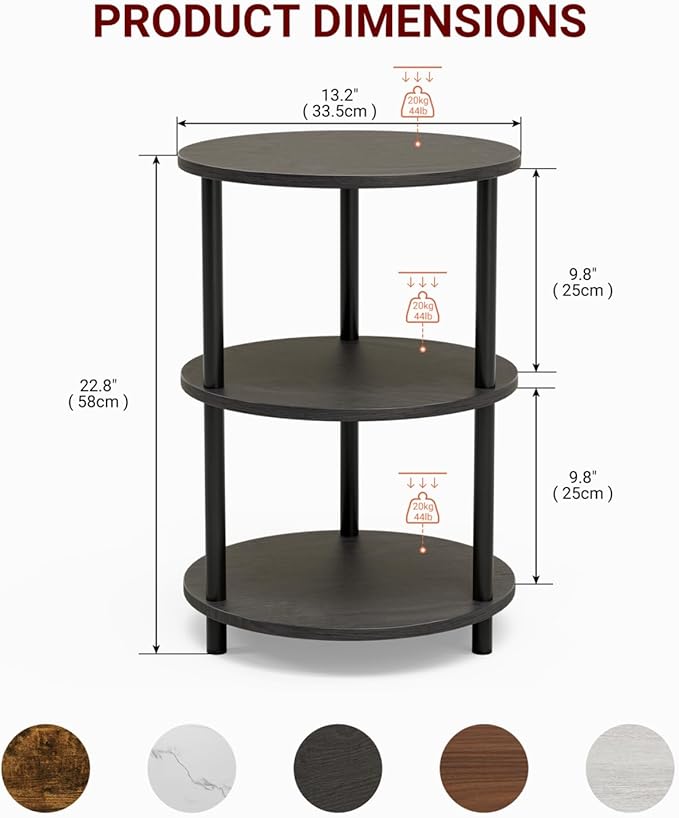 Small Round End Table - 3 Tier Design Accent Table, Narrow Side or Bedside Stand, Industrial Vintage Nightstand for Bedroom, Living Room, or Small Spaces, Charcoal Wenge