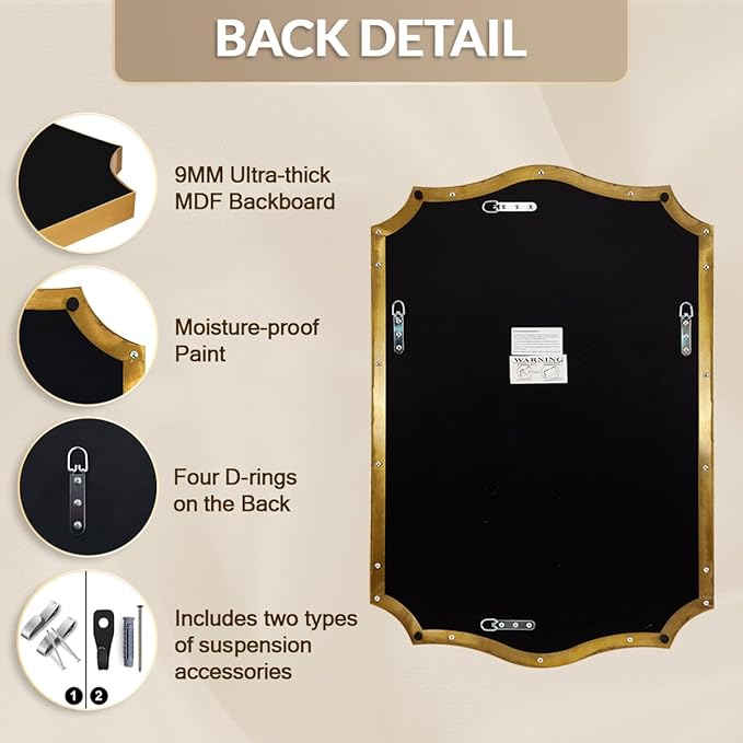 28x36 Inch Gold Scalloped Mirror, Bathroom Vanity Mirror with Stainless Steel Metal Frame, Anti-Rust, Shatterproof HD Glass, Unique Irregular Mirror for Bathroom, Bedroom, Living Room