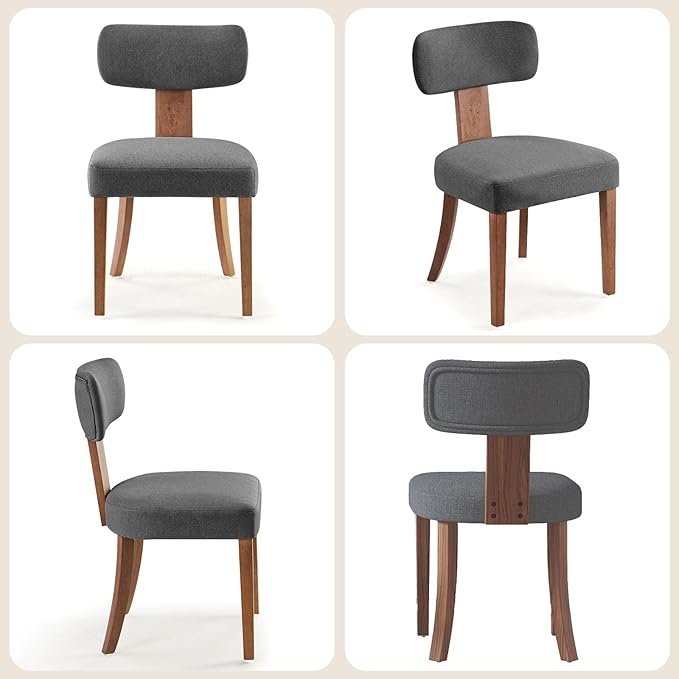 Mid Century Modern Dining Chairs Set of 2, Linen Upholstered Kitchen Chairs with Curved Backrest & Adjustable Legs for Living Room/Bedroom/Lounge, Easy to Install, Grey Linen