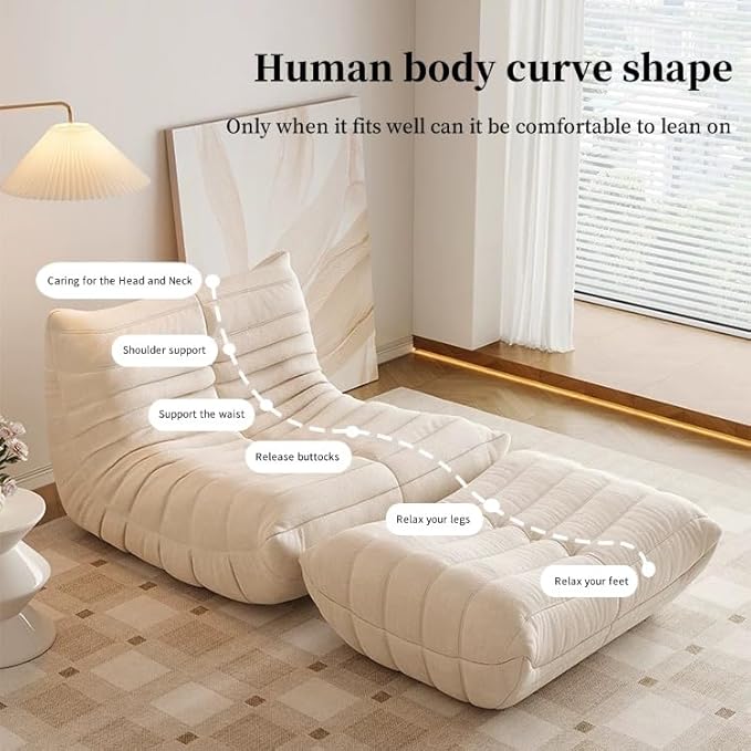 Bean Bag Chair - Memory Foam Bean Bag Chair for Adults, Comfy High-Resilience Single Sofa, Small Space Floor Chair, Chaise Lounge for Living Room, Bedroom (Beige, Wrinkles + Ottoman)