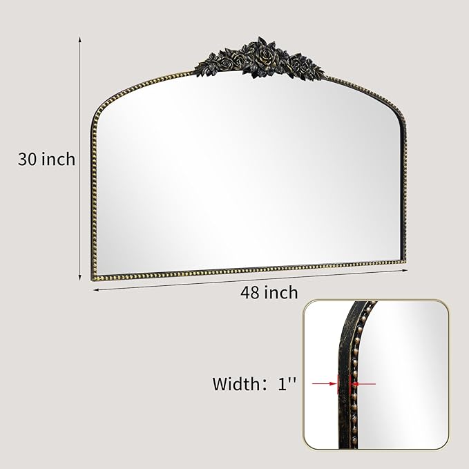 Antique Arched Black Mirror 48"x30", Traditional Victorian Vintage Mantel Mirrors with Ornate Metal Frame, Baroque Mirrors for Fireplace/Entryway/Dining Room/Living Room/Bathroom