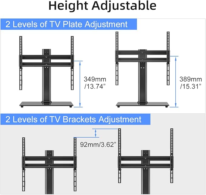 suptek Universal Swivel Table Top TV Stand for 26-55 inch LED OLED Flat Curved Screens, Height Adjustable TV Mount Stand with Glass Base Hold up to 99lbs, Max VESA 400x400mm,TS202