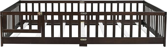 Queen Size Floor Bed Frame with Slats and Safety Guardrail, Wood Queen Size Montessori Floor Bed with Door and Fence, Easy Assemble Montessori Beds for Kids, Girls, Boys, Espresso