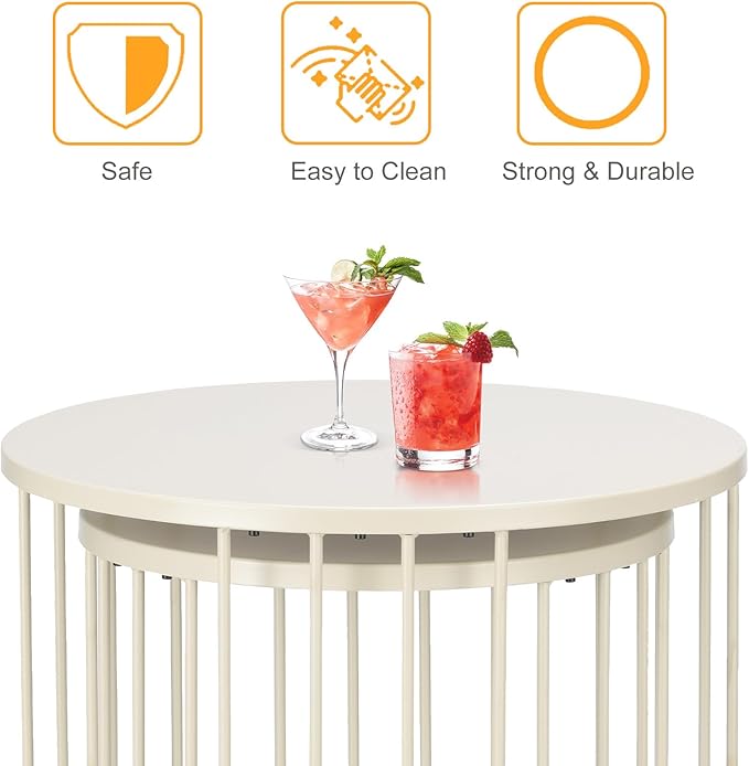LEWIS&WAYNE Outdoor Side Table Set of 2, Metal Circle Accent End Tables for Balcony Backyard Garden Indoor Living Room, Durable Nesting Coffee Tables, 20”+16” Dia, White
