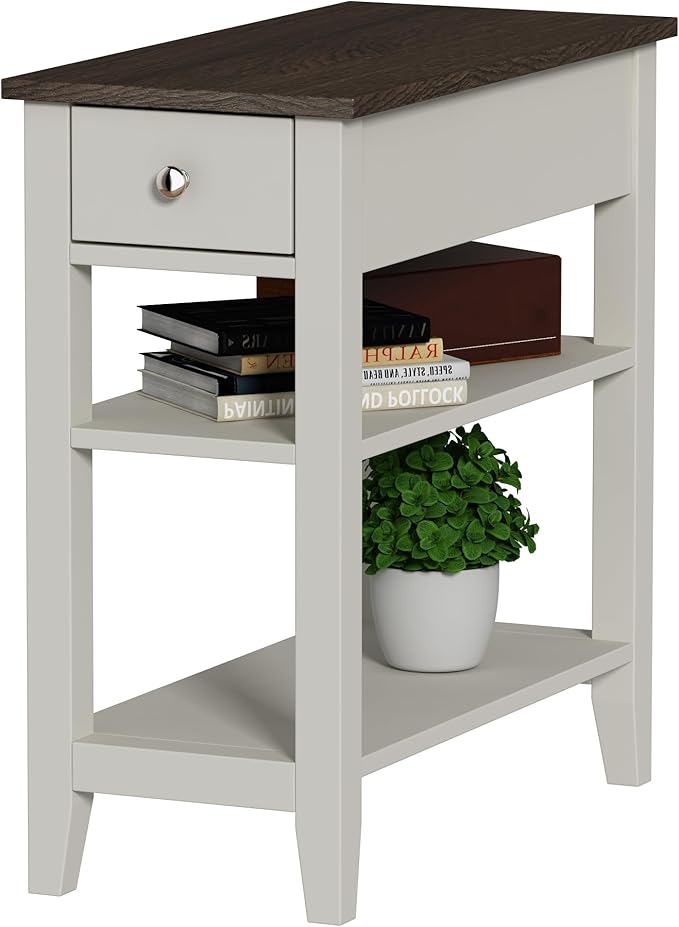 ChooChoo Side Table Living Room, Narrow End Table with Drawer and Shelf, 3-Tier Sofa End Table for Small Space, White and Brown