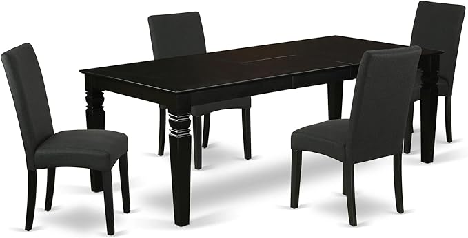 East West Furniture LGDR5-BLK-24 5 Piece Dining Set Includes a Rectangle Dining Room Table with Butterfly Leaf and 4 Black Color Linen Fabric Upholstered Chairs, 42x84 Inch, Black
