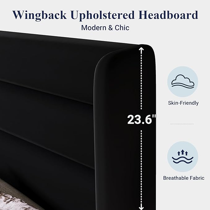 Allewie Queen Size Platform Bed Frame with Velvet Upholstered Wingback Headboard, No Box Spring Needed, Under Bed Storage Space, Strong Wooden Slats, Modern Mattress Foundation, Easy Assembly, Black