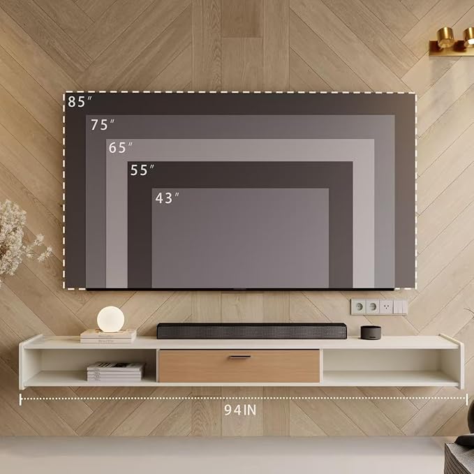 94'' Floating TV Stand,Wall Mounted TV Console,Floating TV Cabinet,Under TV Shelf for Bedroom Living Room(White)