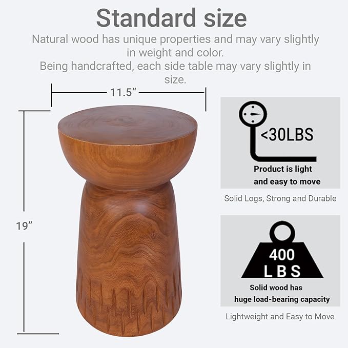Athaliah 19.25”H Wood Side Table – Natural Wooden End Table, Round Wood Accent Table for Living Room, Patio, Garden, Balcony, or Home Decor
