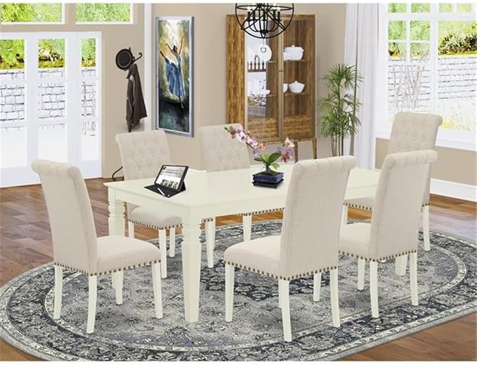 East West Furniture LGBR7-LWH-02 7 Piece Dining Table Set Consist of a Rectangle Dinner Table with Butterfly Leaf and 6 Light Beige Linen Fabric Parson Chairs, 42x84 Inch, Linen White