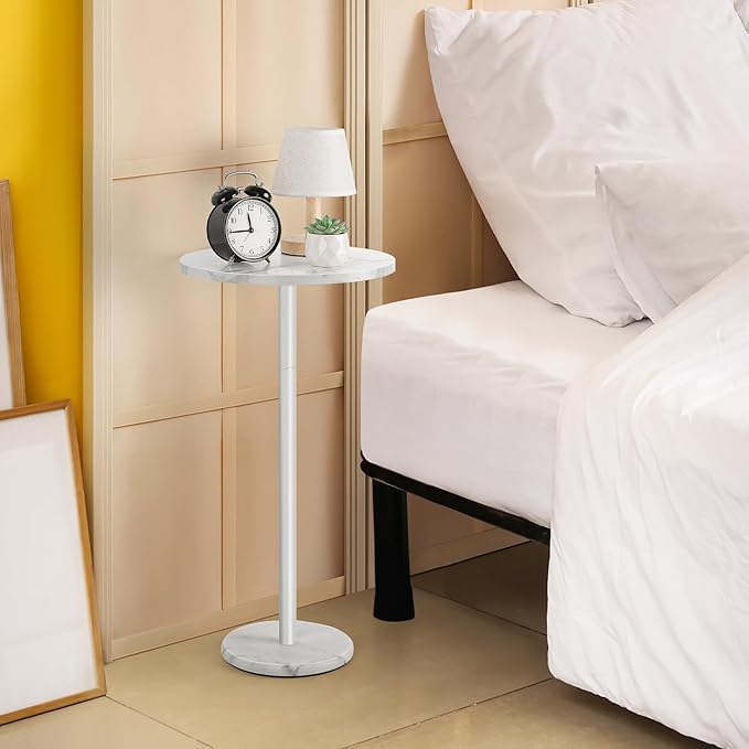 White Round Side Table Small End Table Set of 2 Modern Accent Table Pedestal Drink Table with Marble Base for Small Spaces Living Room Bedroom Outdoor