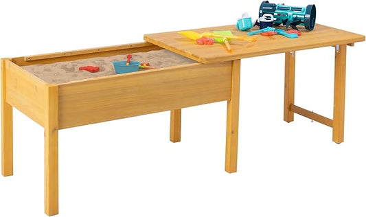 BIRASIL Wooden Kids Sensory Tables with Folding Lid, Activity Table for Children, Elevated Play Tables with Storage for Indoor Outdoor, Yellow