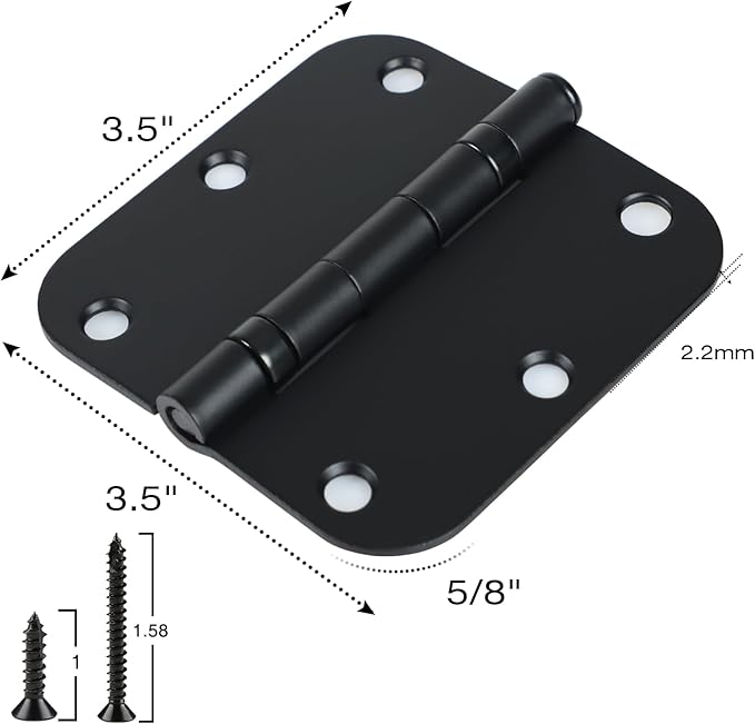1 Pack Ball Bearing Door Hinges Matte Black 3.5 Inch 5/8" Radius Round Anti Squeak Interior 3-1/2"Flat Iron Bifold Standard Office Bedroom Indoor for Doors 3 ½" Hardware Home House Decor Accessories