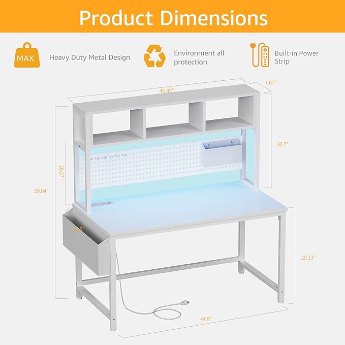 White Computer Desk with Hutch and Pegboard - Computer Desk with Power Outlets, 47 Inch Modern Study Teen Desk with Pegboard Storage Bag, Hooks and Side Bag,Writing Desk for Bedroom Home Office