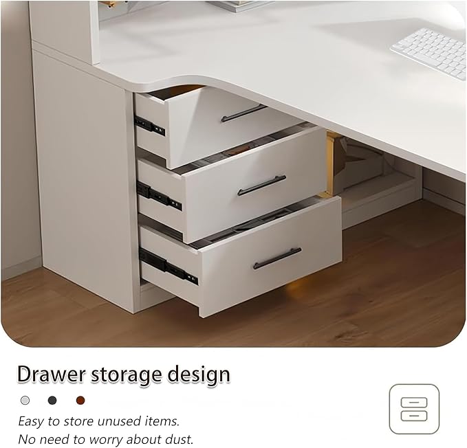 L Shaped Gaming Desk with Drawers and Cabinet Minimalist Computer Desk with 5-Tier Shelf & 3 Storage Drawers, White Office Desk for Home PC Gaming Study Table for Bedroom Small Spaces